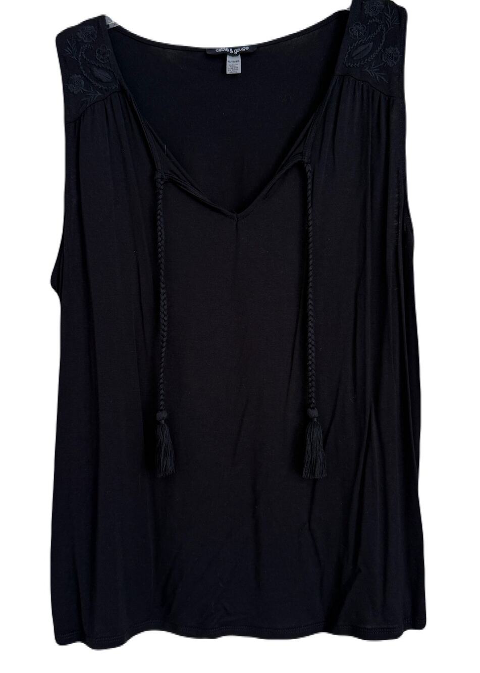 Cable & Gauge Black Tank - Embroidery Detail on Shoulder - Size XL